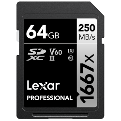 LEXAR 64GB LSD64GCB1667 SD PROFESSIONAL 1667X SDXC UHS-II CARDS UP TO 250MB/S READ 120MB/S WRITE C10 V60 U3