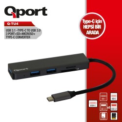 QPORT (Q-TU4) USB3.1 TYPE-C TO 3XUSB3.0/SD/MICROSD HUB SIYAH