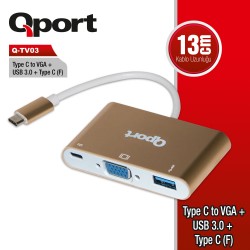 QPORT (Q-TV03) TYPE-C TO VGA/USB3.0/TYPE-C(F) CEVIRICI...