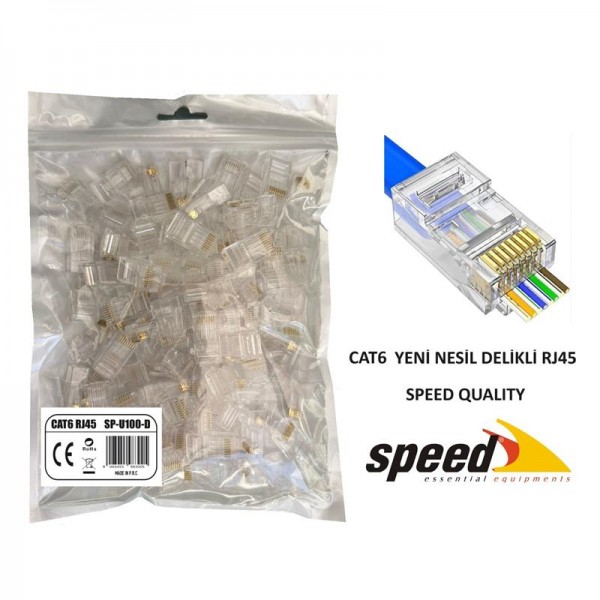 SPEED SP U100 D CAT6 YENİ NESİL DELİKLİ RJ45 KONNEKTÖR 100 ADET