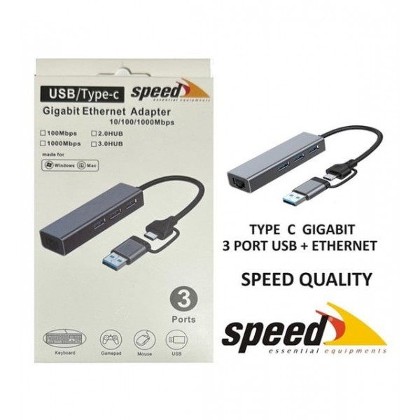 SPEED SP UET01 10/100/1000MBPS USB / TYPE-C 3 PORT USB 3.0 ÇOKLAYICI GIGABIT ETHERNET DÖNÜŞTÜRÜCÜ